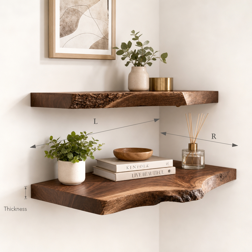 Corner Live Edge Wooden Floating Shelf – Rustic Walnut Christmas Décor & Gift