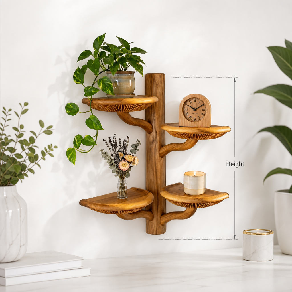 Corner Mushroom Tree Wall Shelf with 4 Wide Bracket Cap Shelves - Handcrafted Solid Wood Corner-Mounted Floating Shelf with Prominent Gill Carving and Branch Trunk