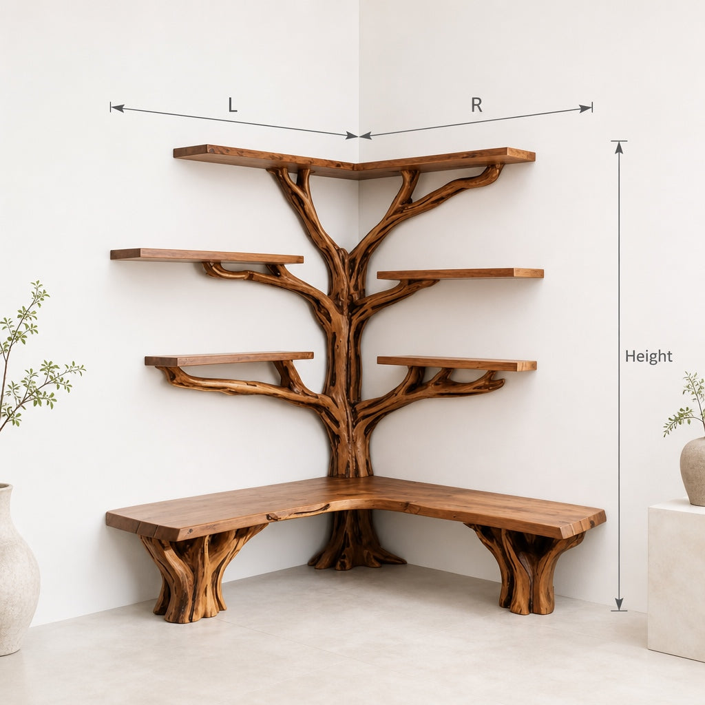 Corner Tree Bookshelf - Rustic Live Edge Solid Wood Bookcase for Kids, Handmade Natural Decor