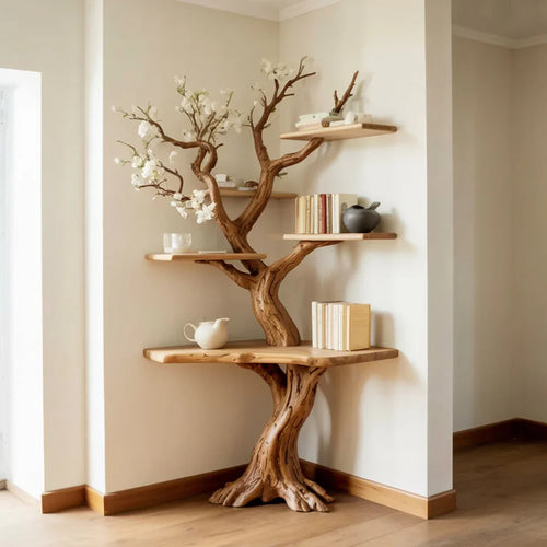 Rustic Corner Tree Bookshelf with Integrated Desk Surface