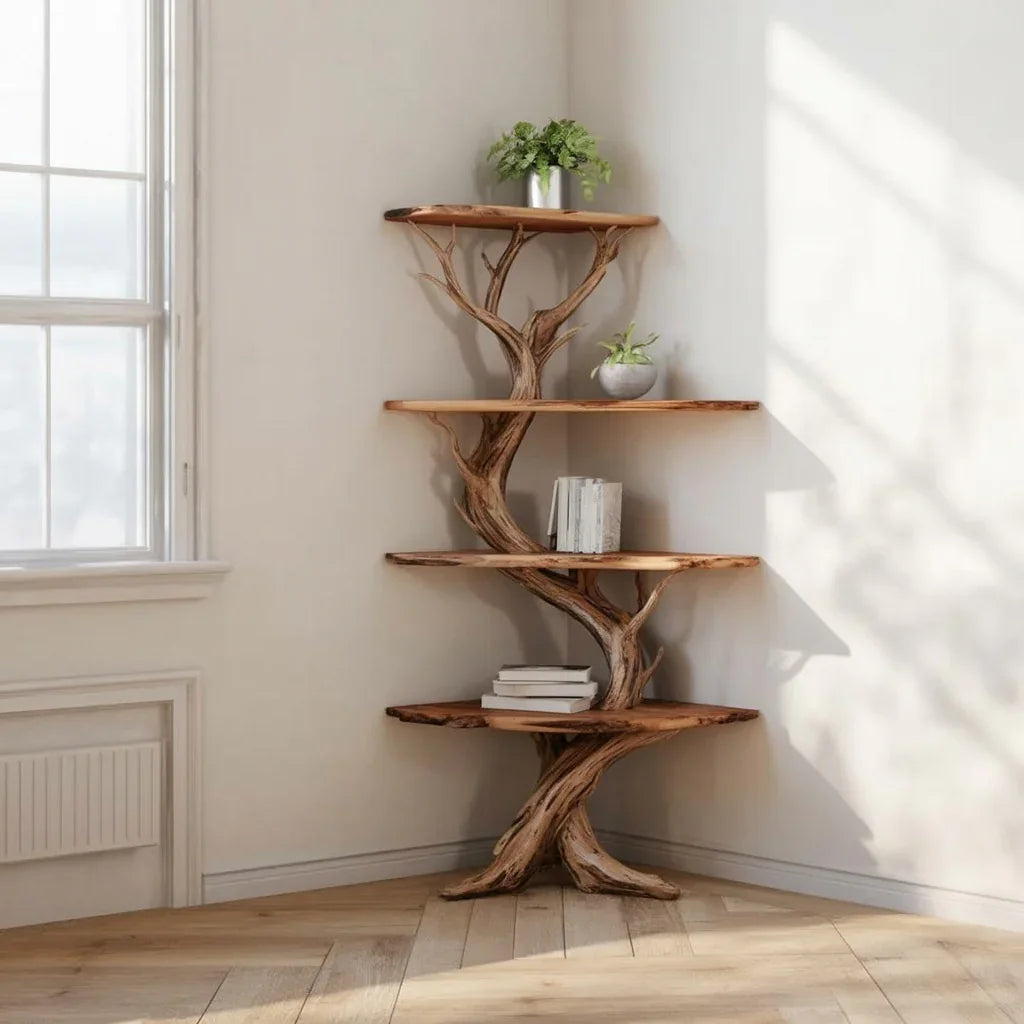 Solid wood tree bookshelf with live edge shelves in a bright corner, decorated with plants and books.