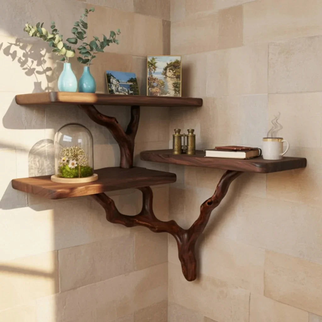 Live edge corner floating shelves with tree branch design, decor and books, on tiled wall