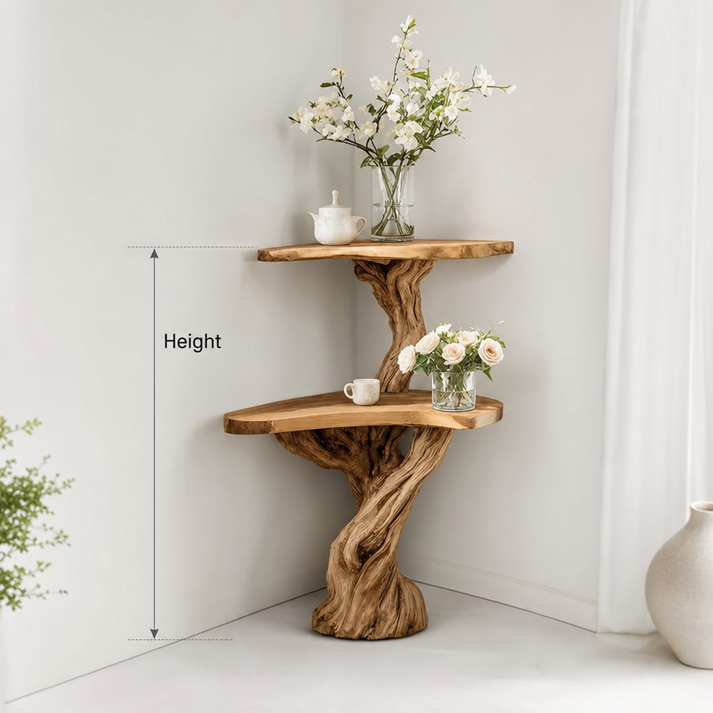 Corner Tree Console Table – Handcrafted Solid Wood Branch Shelf, Rustic Floating Plant Stand