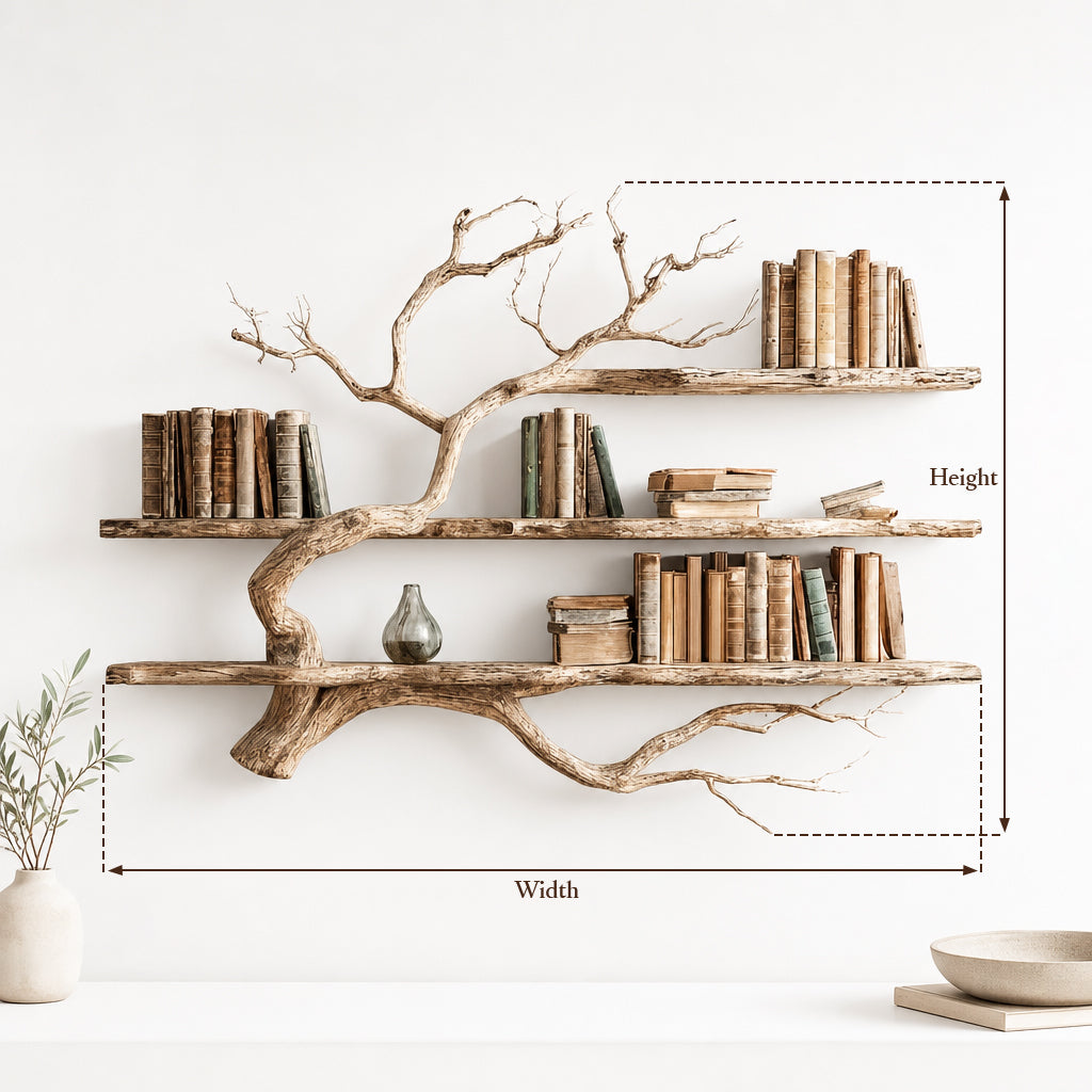 Corner Tree Floating Bookshelf – Driftwood Branch Wall Mounted Hanging Shelf, Artistic Corner Furniture Decoration