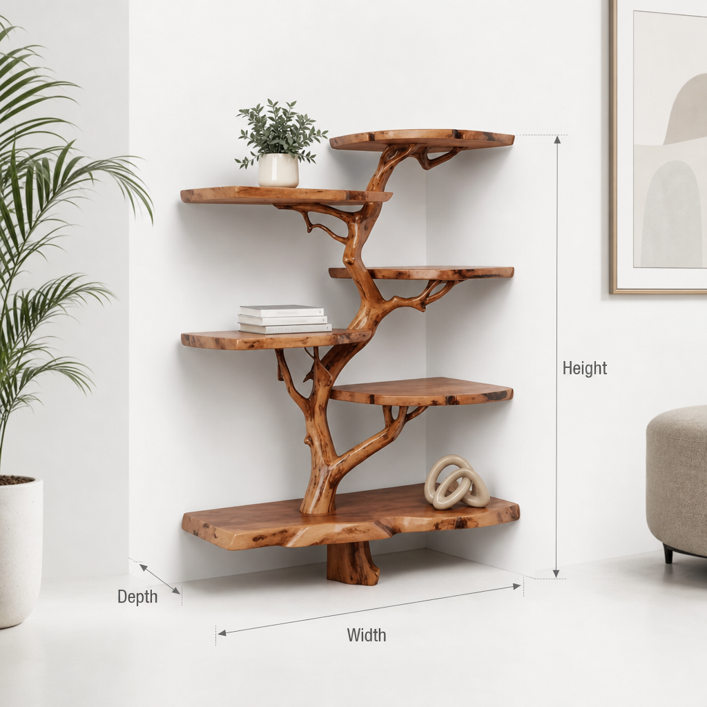Corner Tree Shelf – Handcrafted Solid Wood Branch Shelf, Artistic Floating Corner Bookcase