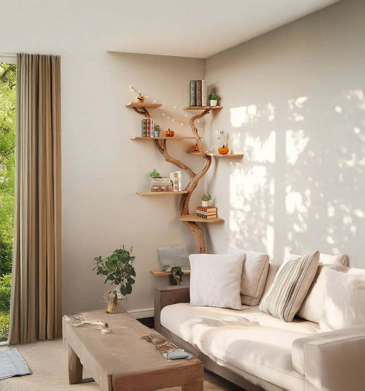 Tree-shaped wooden bookshelf with books and Halloween decor in a bright living room, Corner tree bookshelf dimension comparison showing compact, mid-height, and full-height models