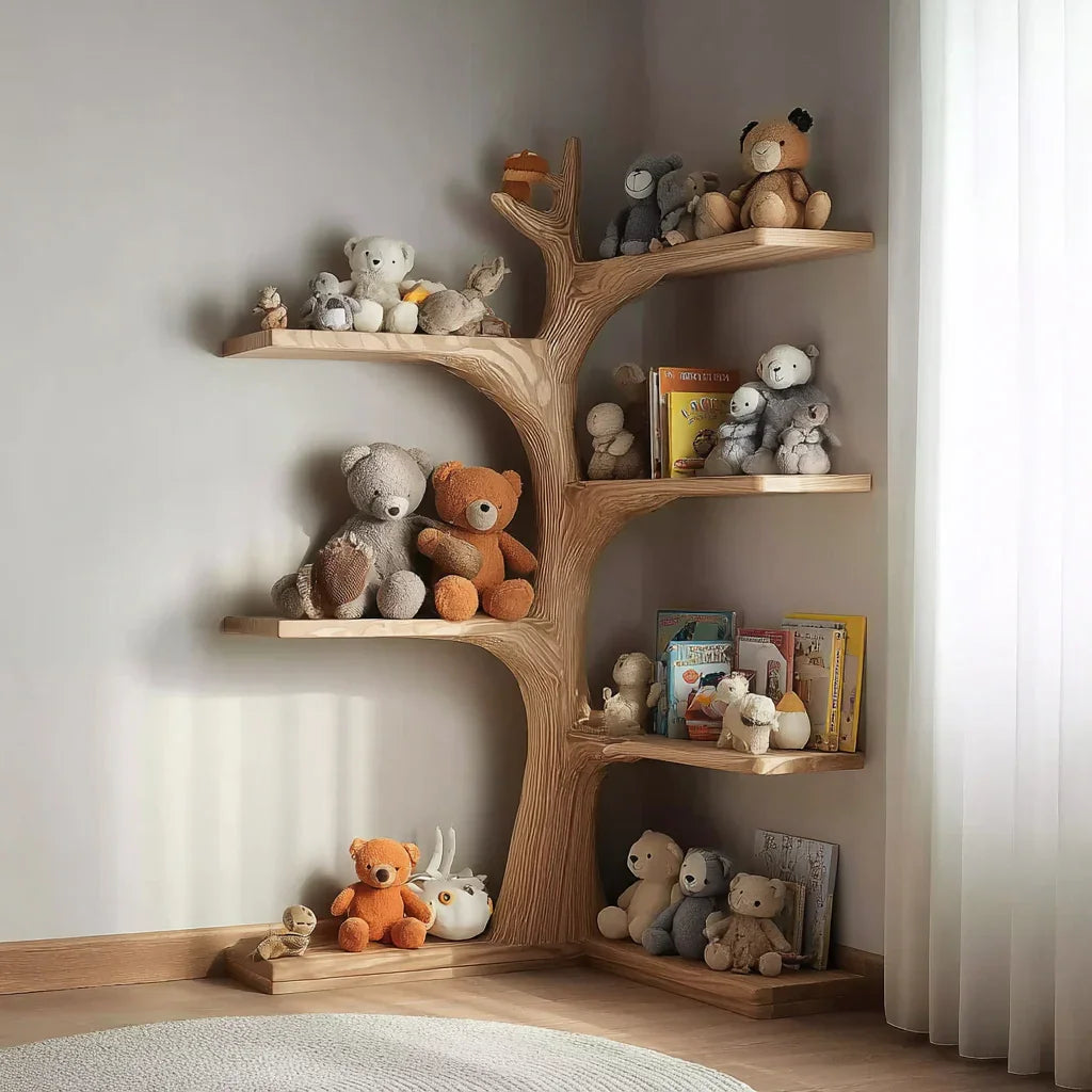 Corner tree bookshelf in a small studio apartment maximizing vertical storage in unused corner. Wooden tree bookshelf with plush toys and children's books in a cozy corner room