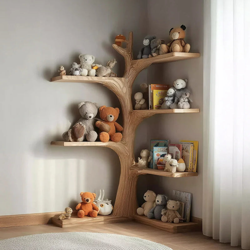 Corner tree bookshelf in a small studio apartment maximizing vertical storage in unused corner. Wooden tree bookshelf with plush toys and children's books in a cozy corner room