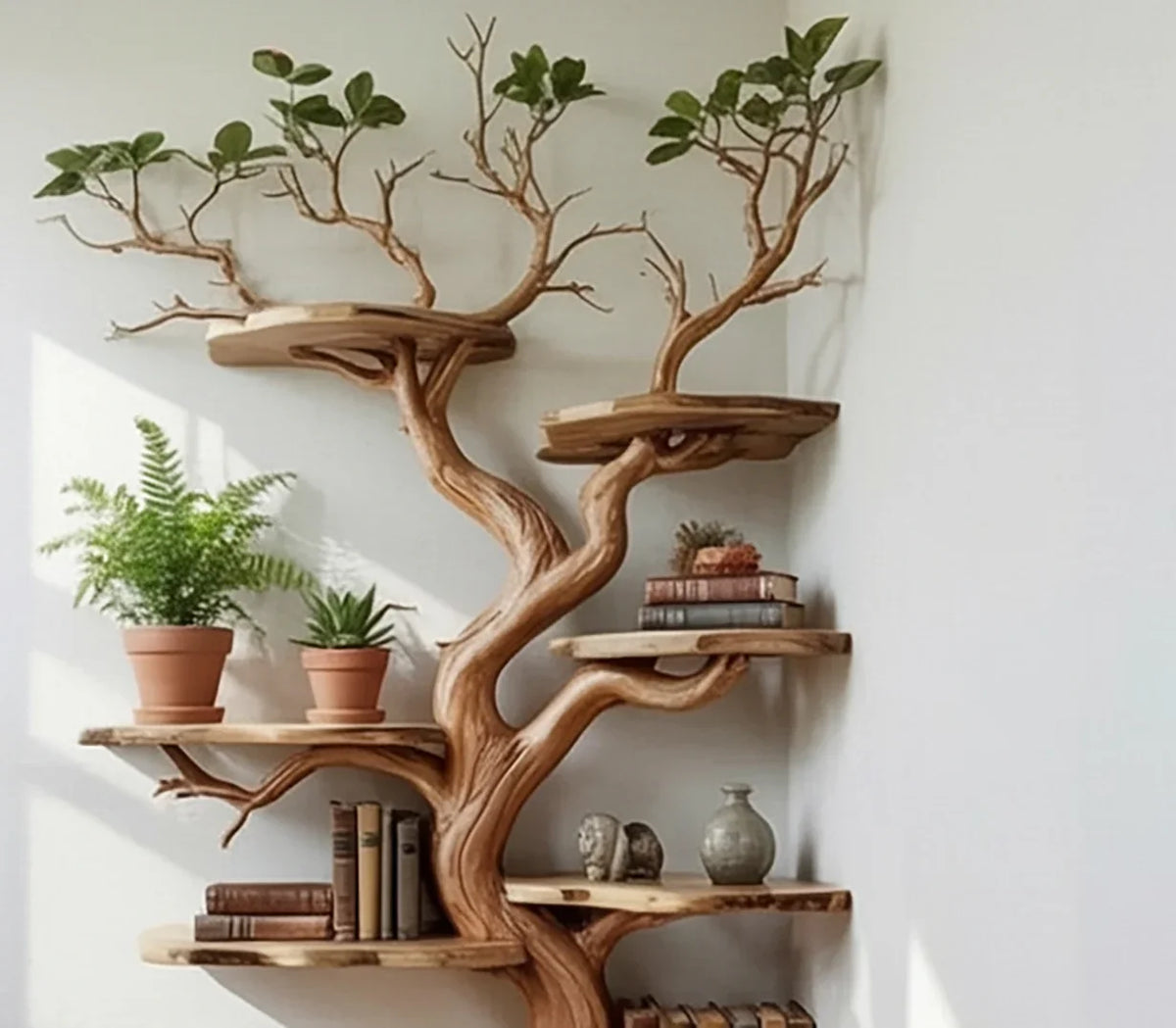 Live edge tree bookshelf with branches, potted plants, books, and decor on wooden shelves, Corner tree bookshelf installation guide showing placement, leveling, and safety wall-anchor