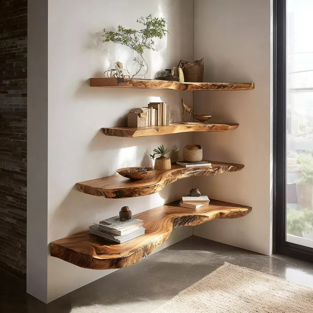 Corner wooden floating shelves in a small apartment maximizing vertical space. Floating live edge wooden corner shelves with decorative items and books in sunlit modern room
