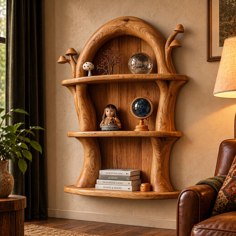 Cottagecore arched wood wall niche with fairy mushroom alcove in solid wood