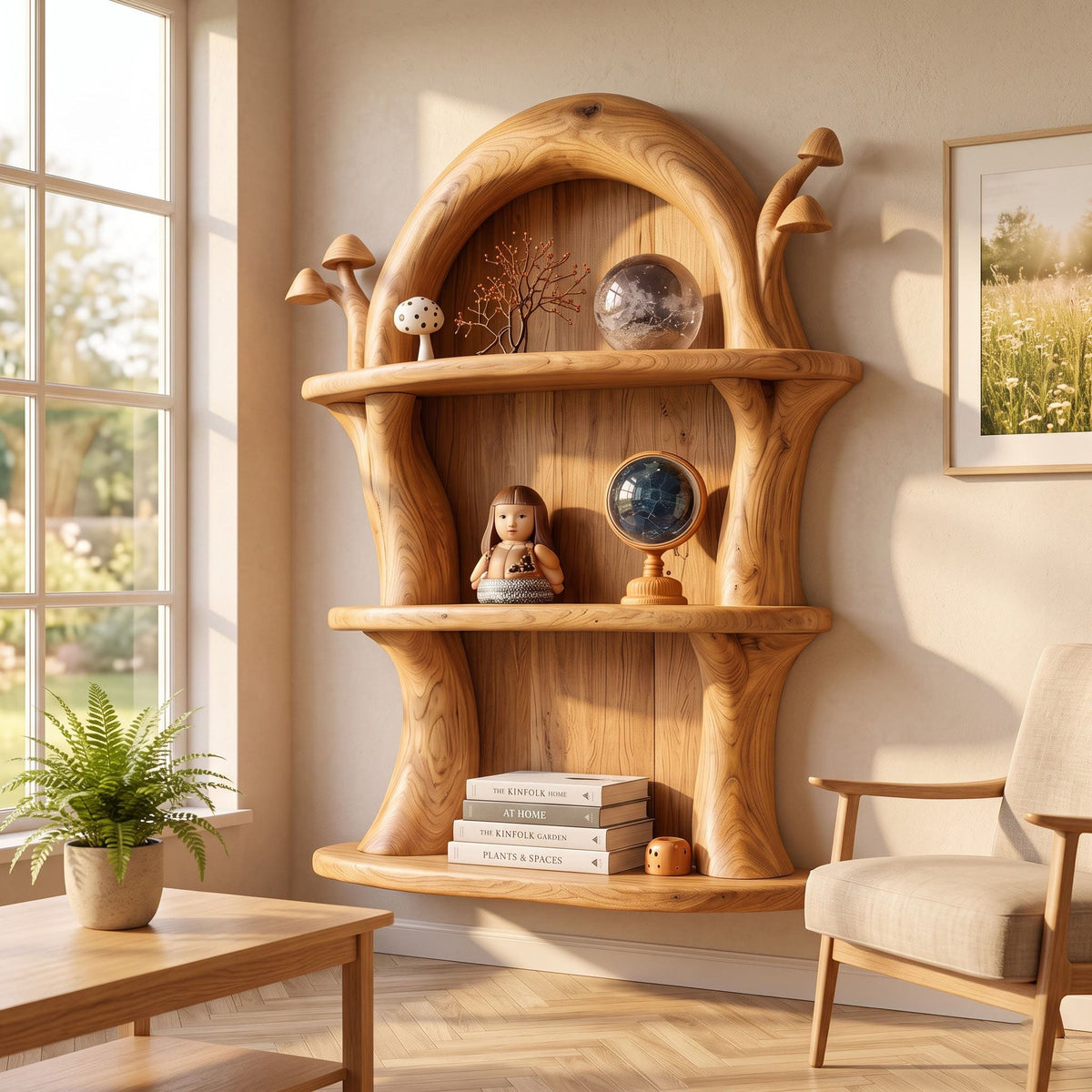 Cottagecore solid wood arched wall niche styled with fairy mushrooms above a cozy reading chair