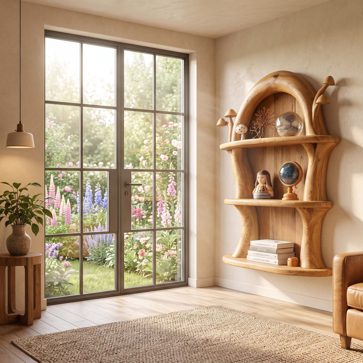 Enchanting solid wood arched wall alcove with detailed fairy mushroom carvings styled in a quaint hallway gallery wall