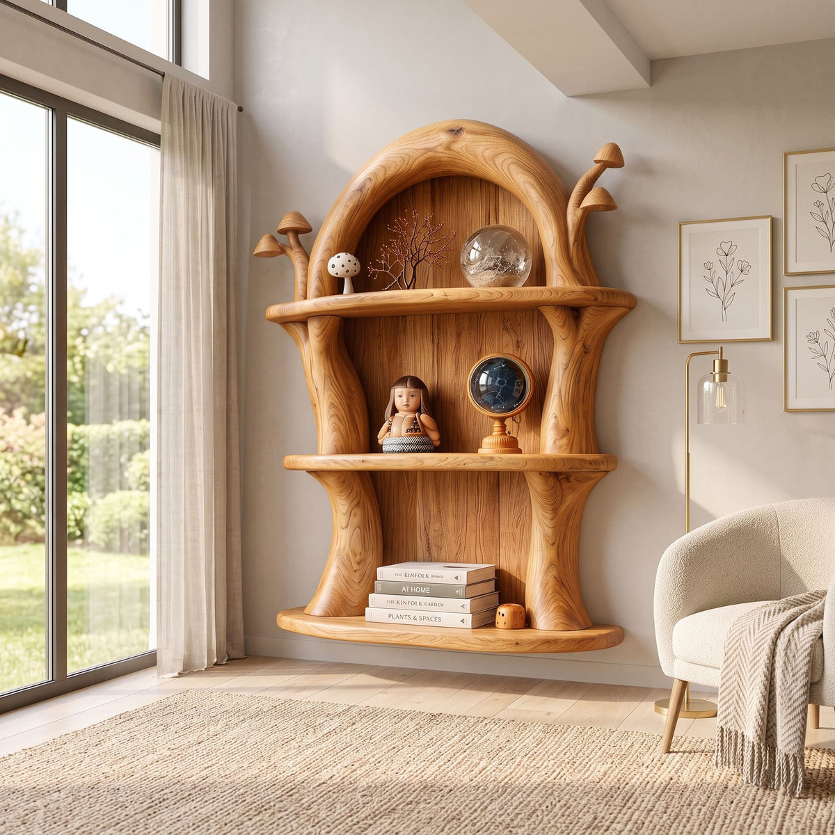 Hand-carved natural wood magical mushroom alcove shelf for a whimsical nursery reading nook