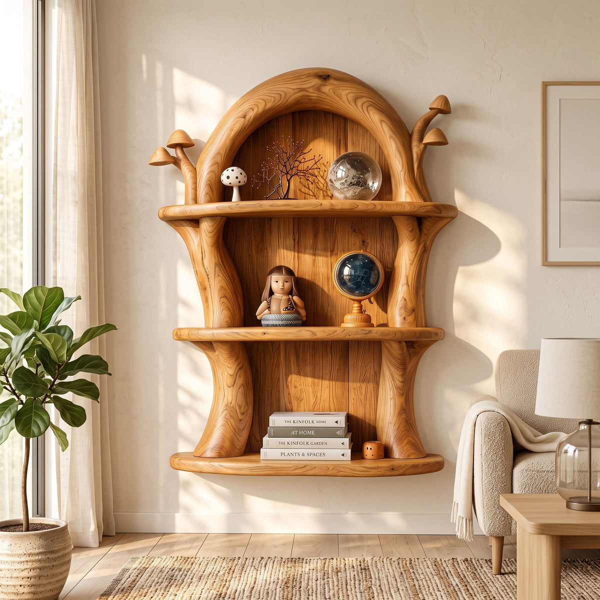 Bohemian solid timber cottagecore wall niche featuring botanical and mushroom motifs for a living room