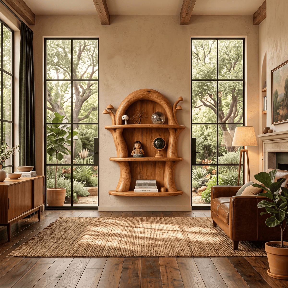 Enchanting solid wood arched wall alcove with detailed fairy mushroom carvings styled in a quaint living room gallery wall