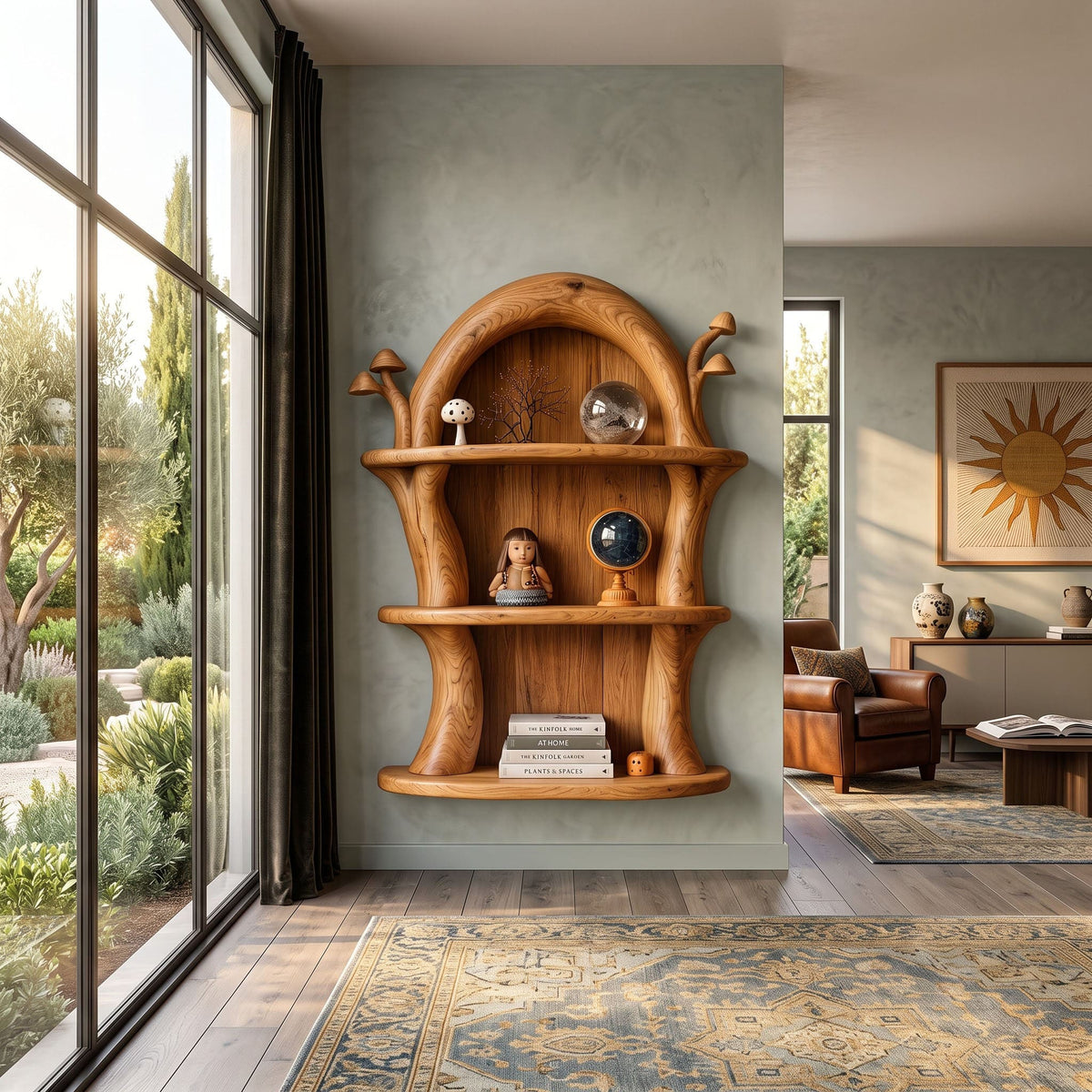 Whimsical solid timber arched fairy wall shelf display placed beside a window in a charming living room