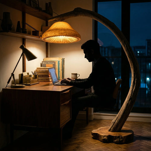 Crescent Arc Driftwood Mushroom Floor Lamp with Gill Glow