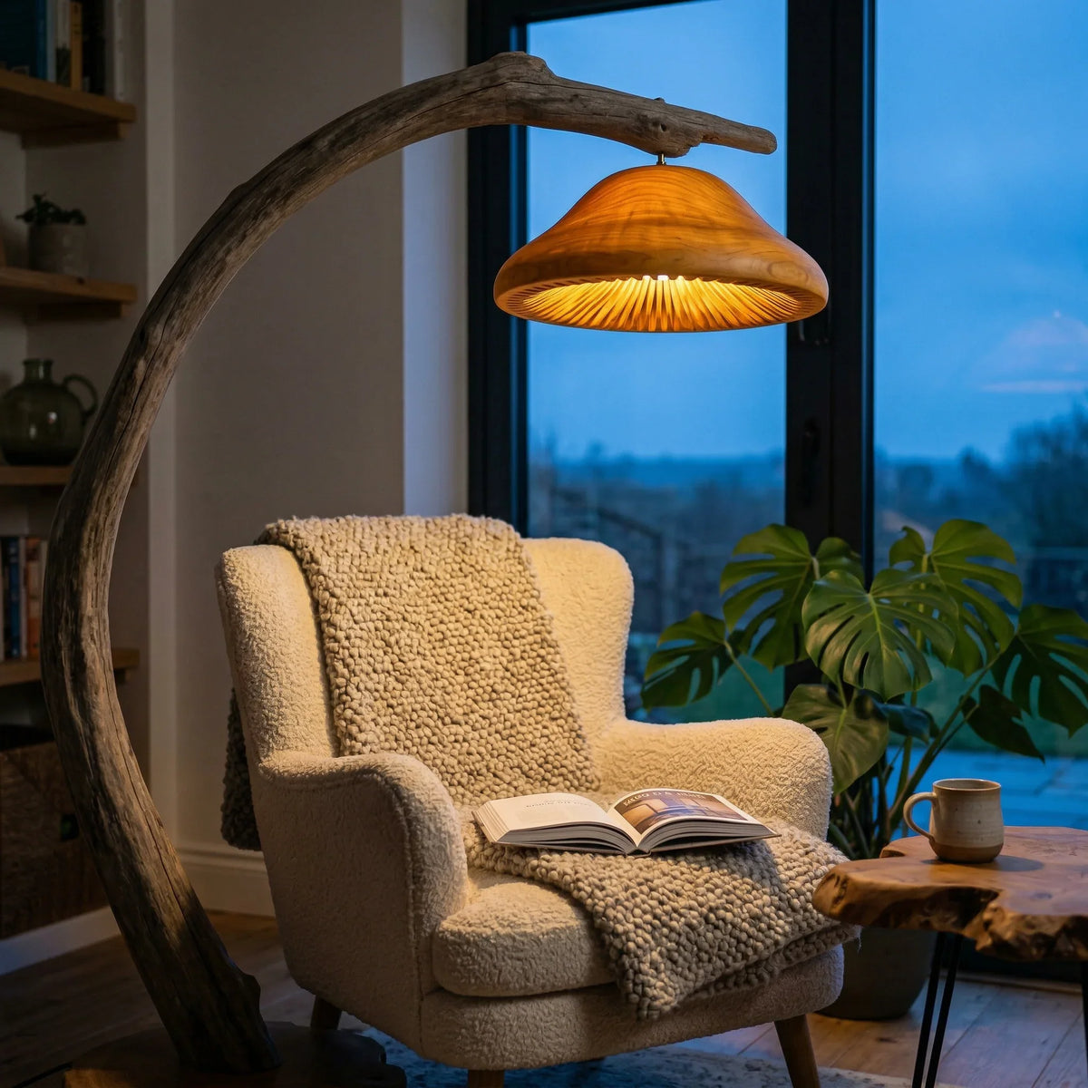 Driftwood arc floor lamp with mushroom wood shade beside cozy armchair and live edge table