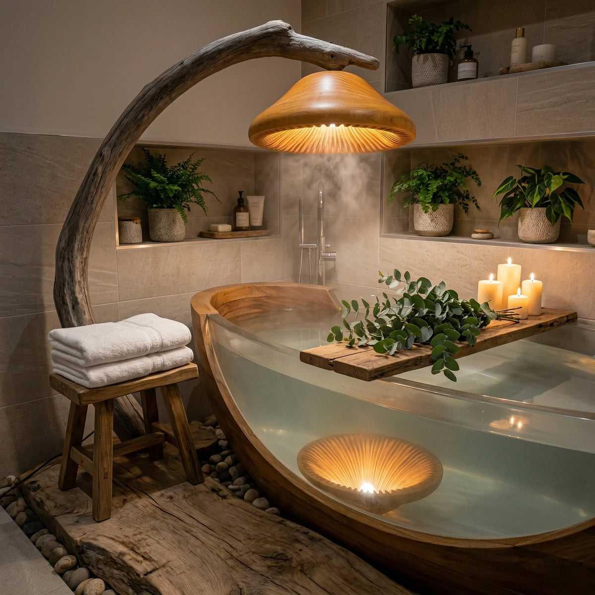 Driftwood mushroom floor lamp with illuminated wooden base beside a freestanding tub in a spa bathroom