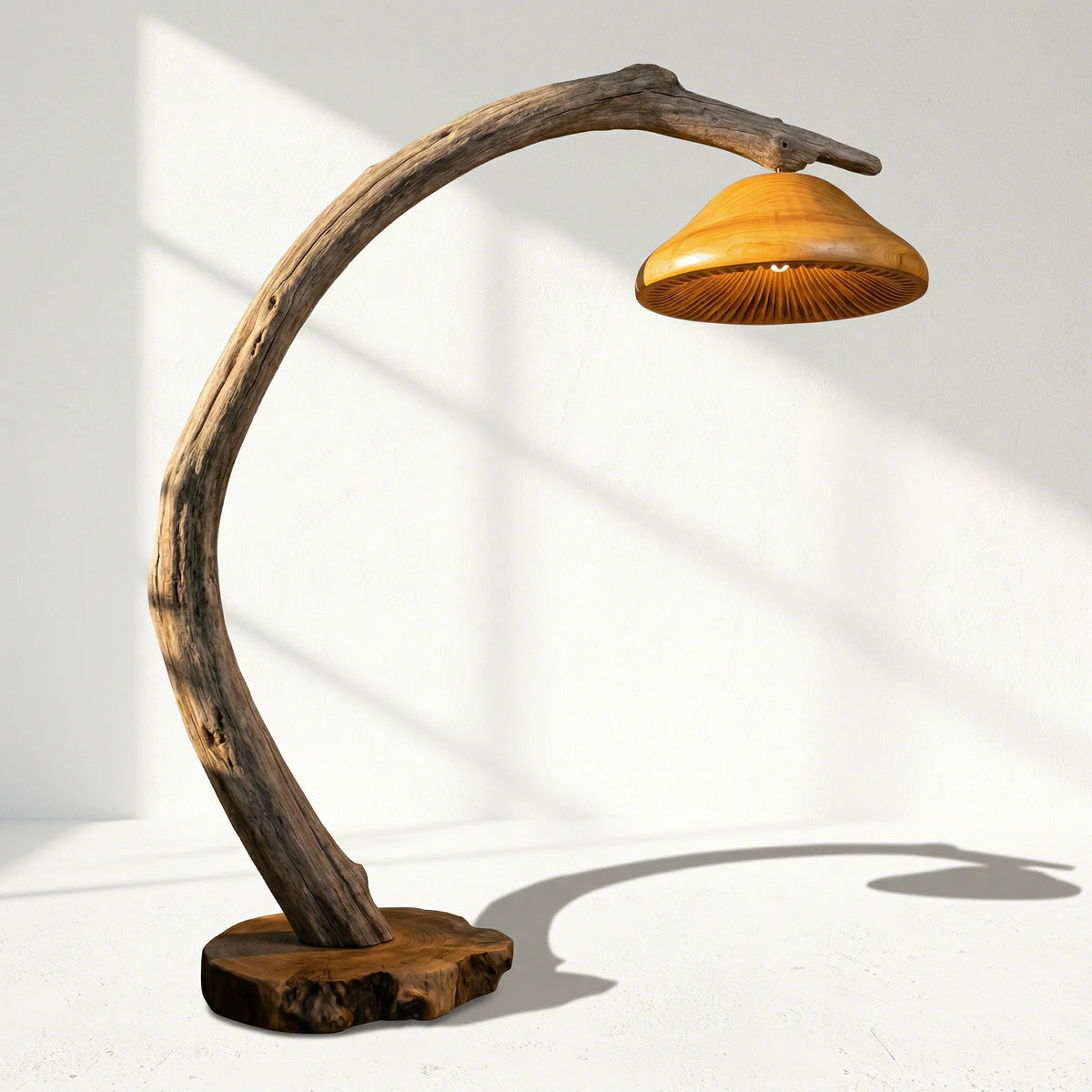 Live edge driftwood floor lamp with mushroom-shaped wood shade and natural slab base
