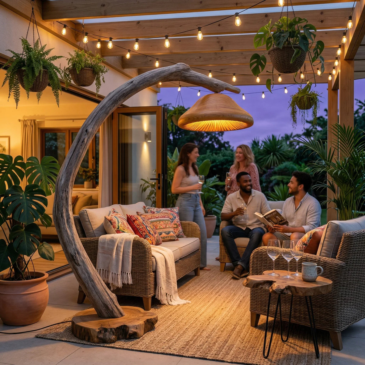 Crescent arc driftwood floor lamp with mushroom shade on live edge wood base, patio setting