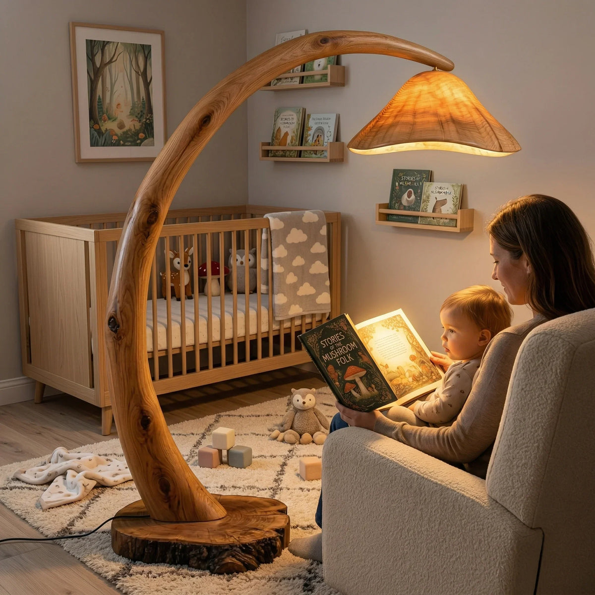 Mushroom floor lamp with translucent wood cap and sculpted wood arc in cozy nursery setting