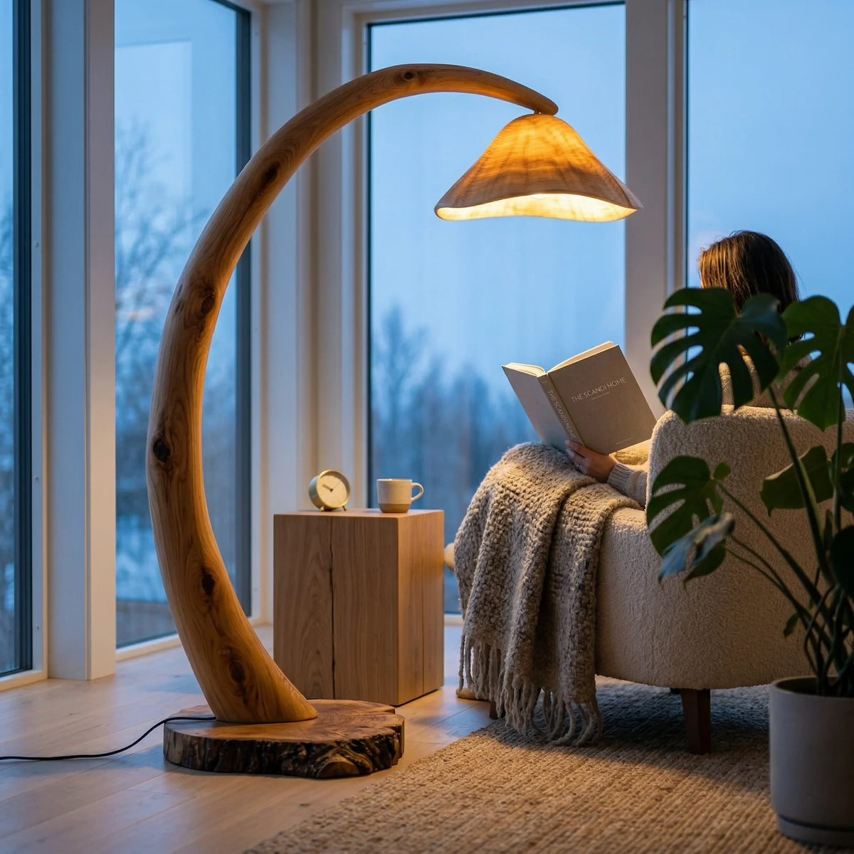 Sculpted solid wood mushroom floor lamp with glowing cap in cozy living room setting