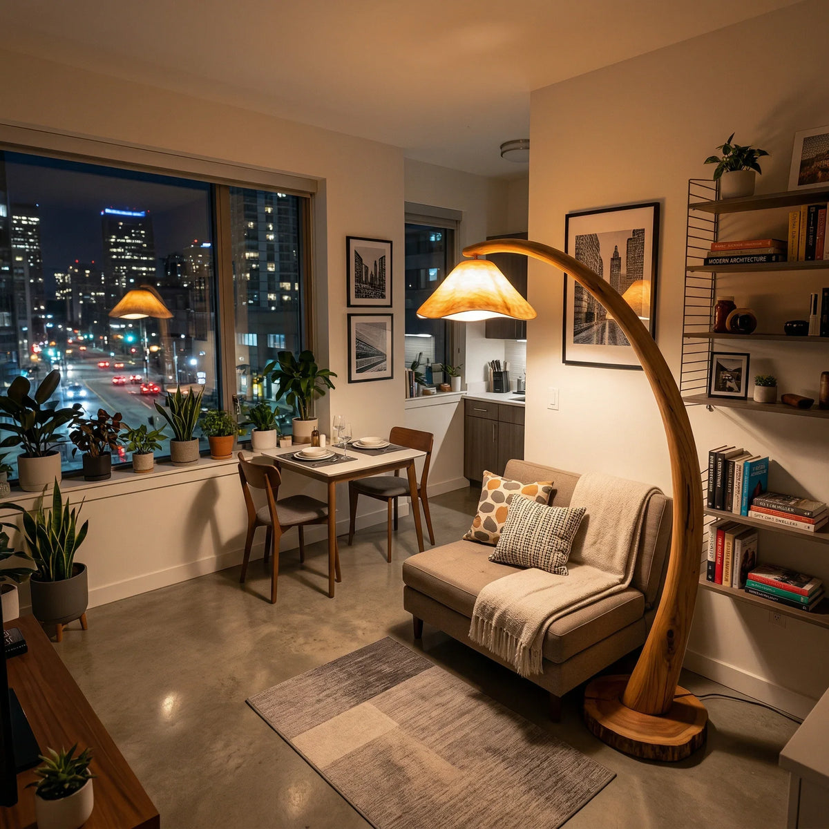 Modern apartment with a sculpted mushroom floor lamp, curved solid wood base, and cozy decor.