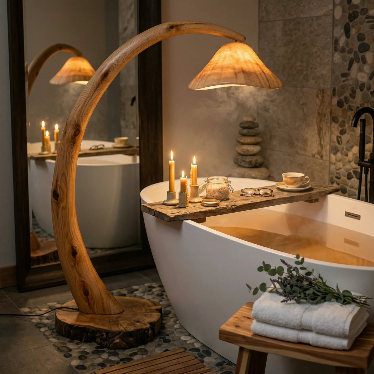 Curved mushroom floor lamp with glowing wood cap beside a modern bathtub and candles.