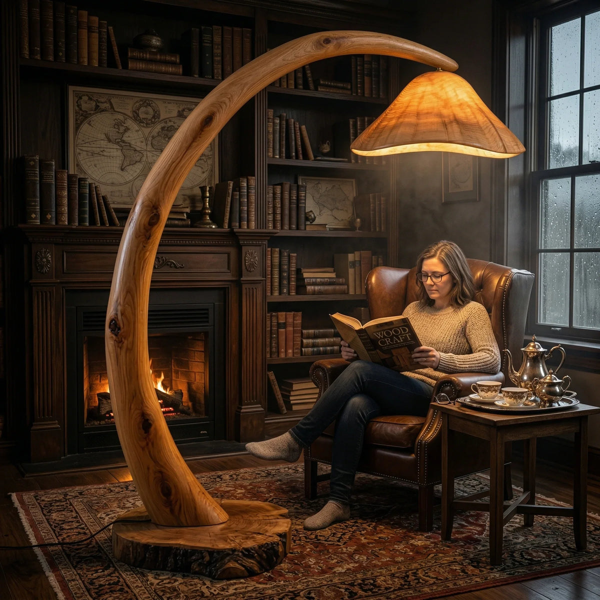 Curved solid wood mushroom floor lamp with glowing translucent cap in cozy reading room.