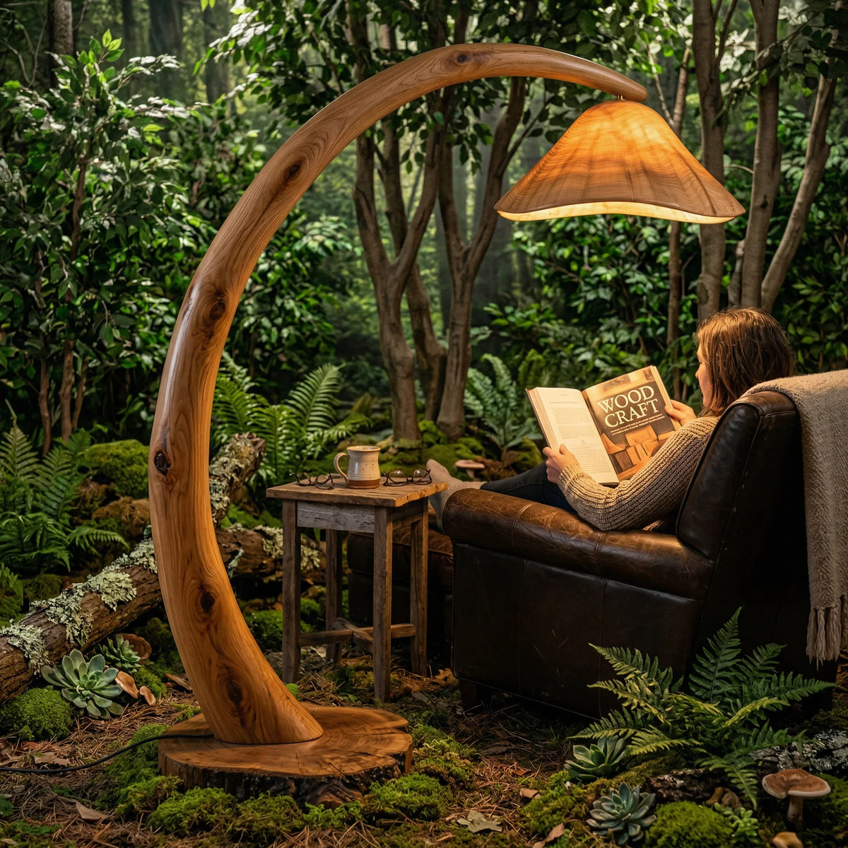 Curved solid wood mushroom floor lamp with glowing cap, nature-inspired living room setting.