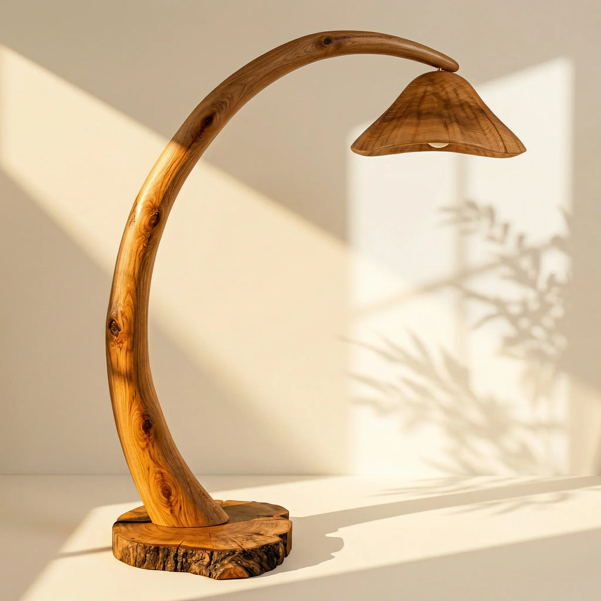 Sculpted solid wood floor lamp with a mushroom-shaped shade and tree stump base in natural light