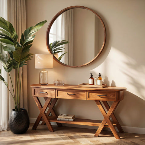 Crisscross X-trestle console table in solid wood
