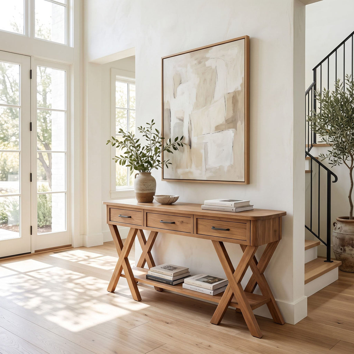 Crisscross X-trestle solid wood console table in a contemporary entryway