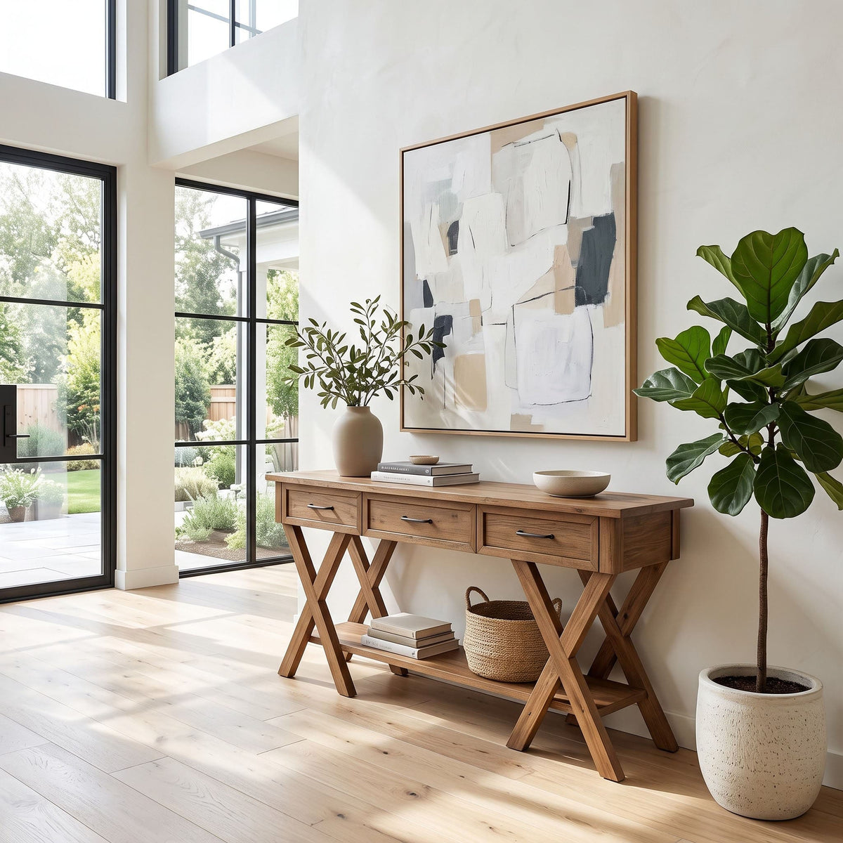 Crisscross solid wood console showcased as a statement entryway furniture piece