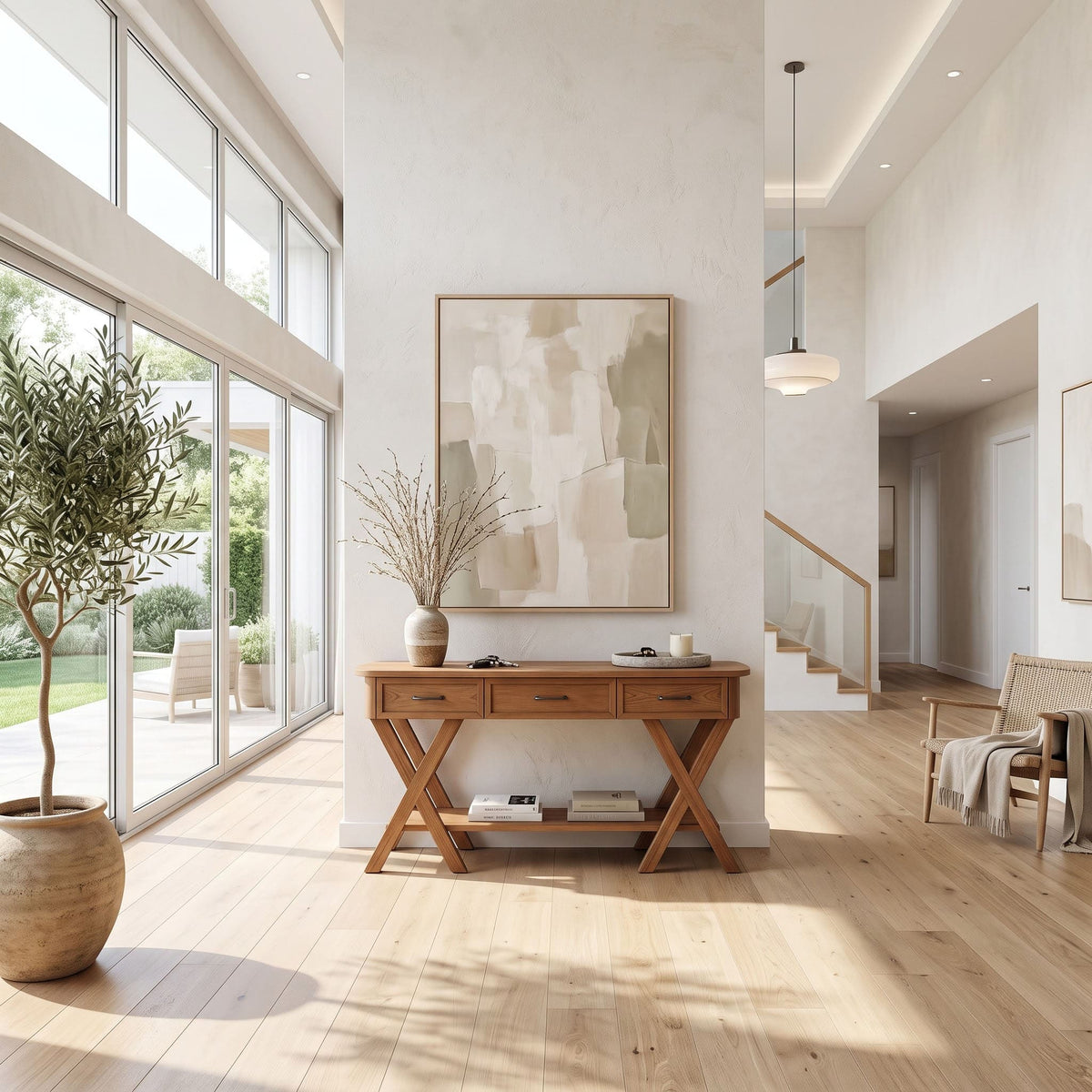 Solid wood entryway table with three drawers featured in a sophisticated home interior
