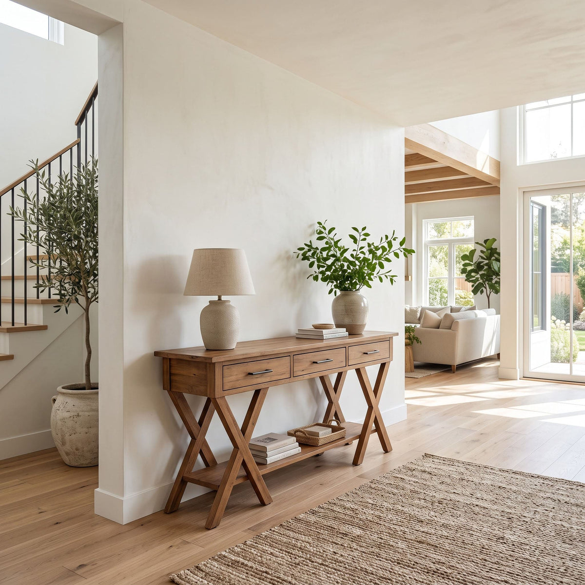 X-trestle solid wood console with bottom shelf styled in an elegant entryway