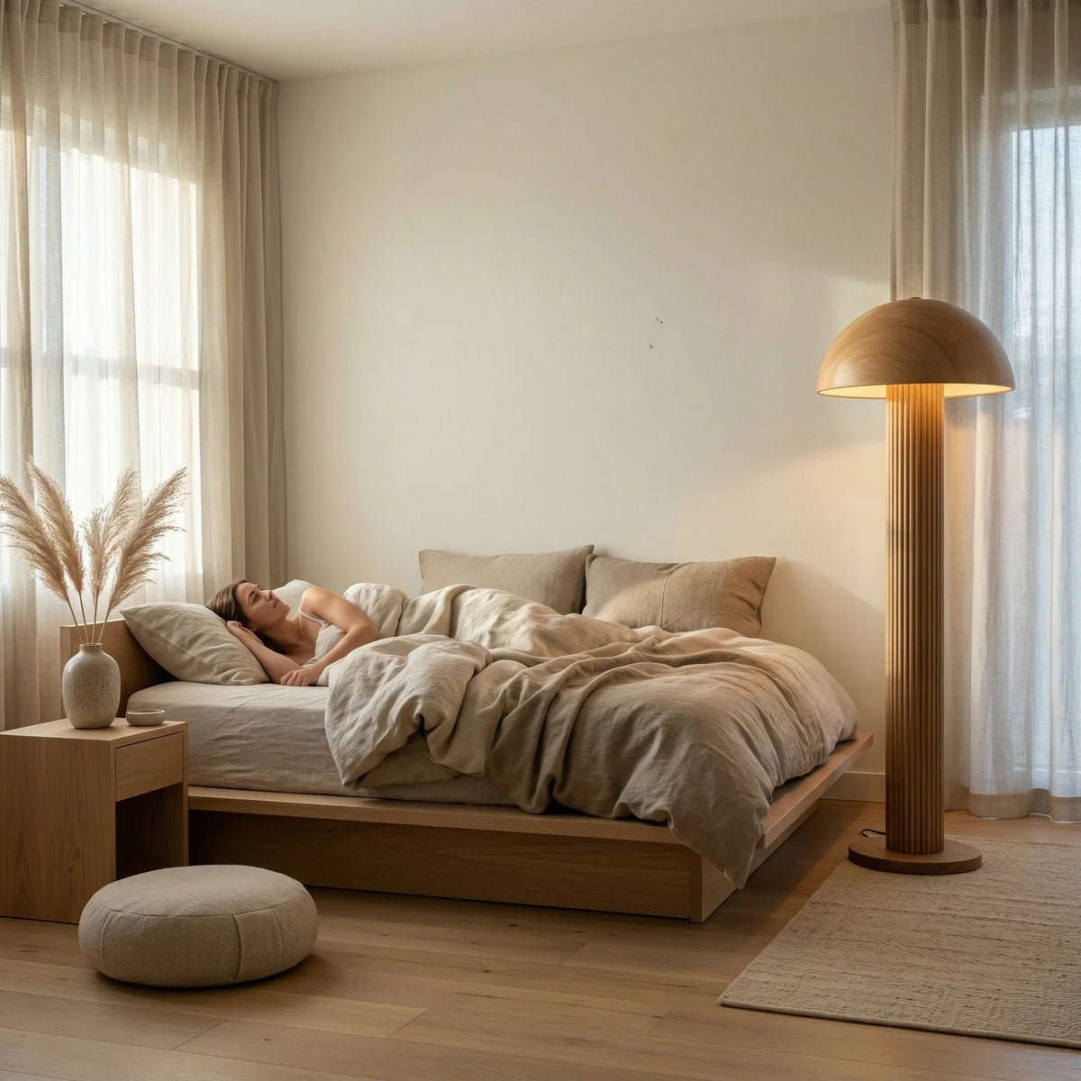 Modern bedroom with sculpted walnut mushroom floor lamp, wooden bed, and neutral decor