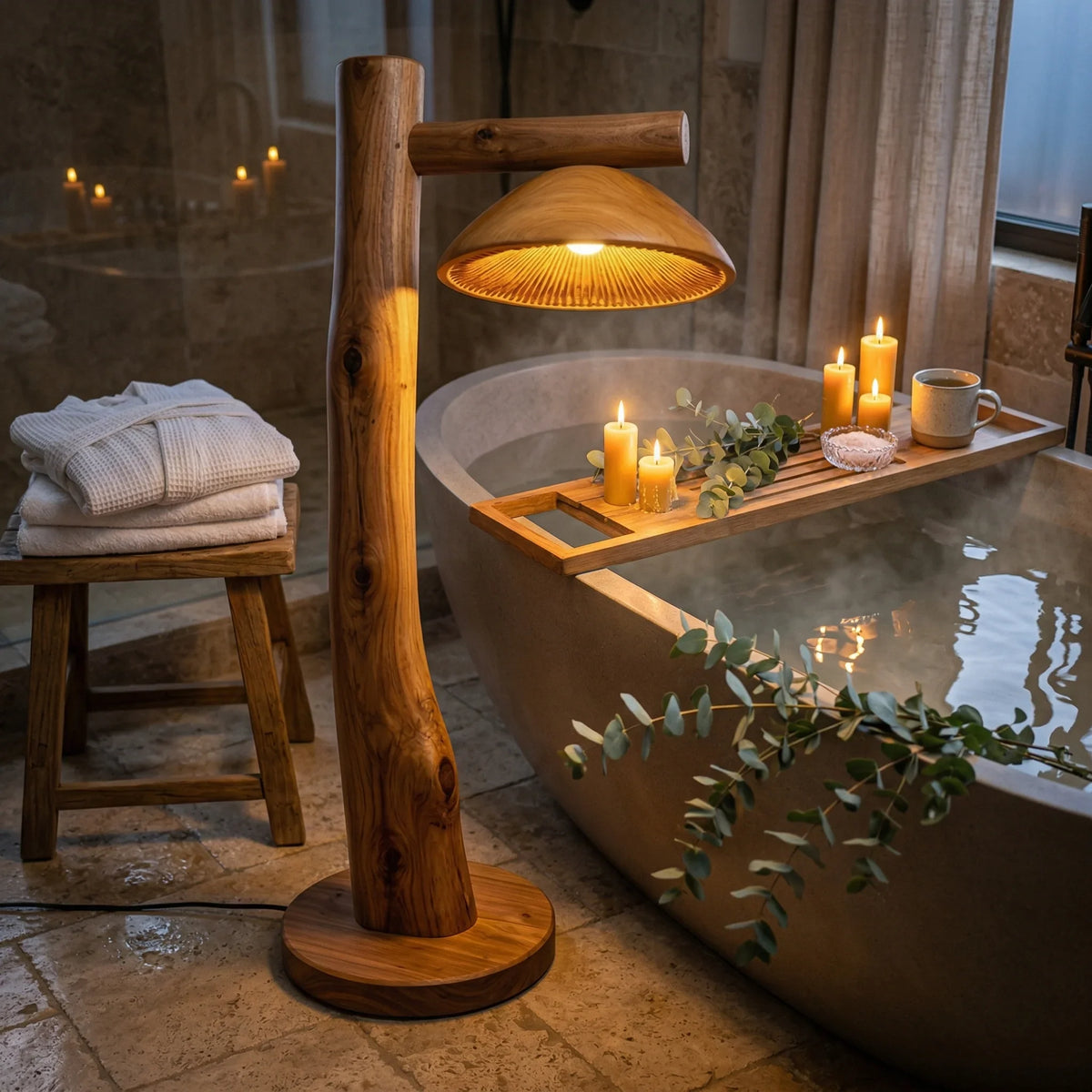 Solid wood mushroom floor lamp beside a modern bathtub with candles and eucalyptus