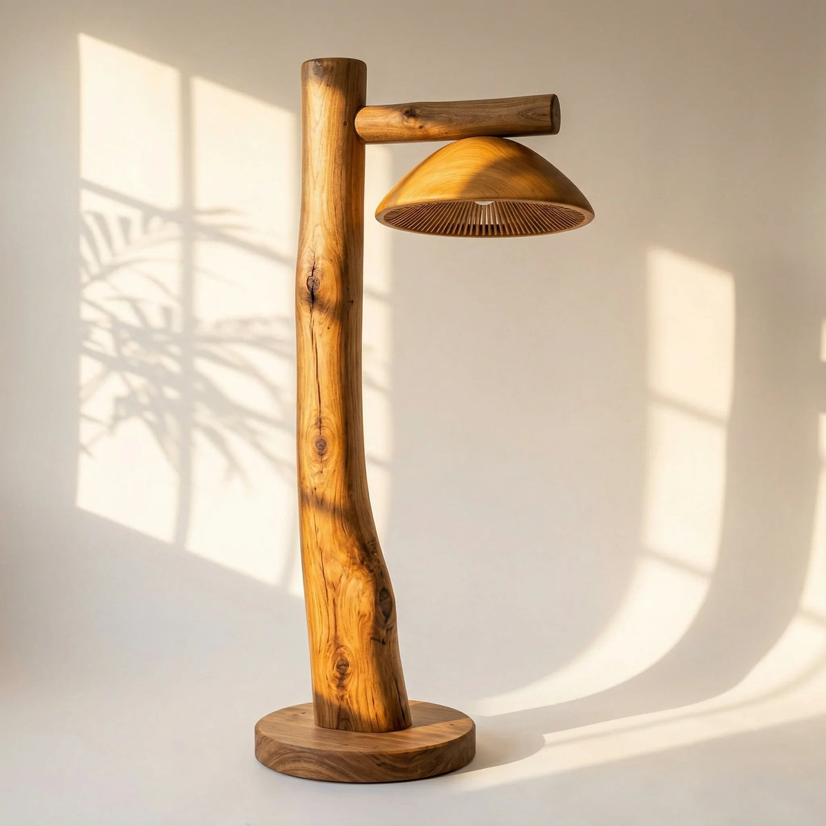 Sculpted solid wood floor lamp with mushroom-shaped shade, crossbar arm, and natural log base.
