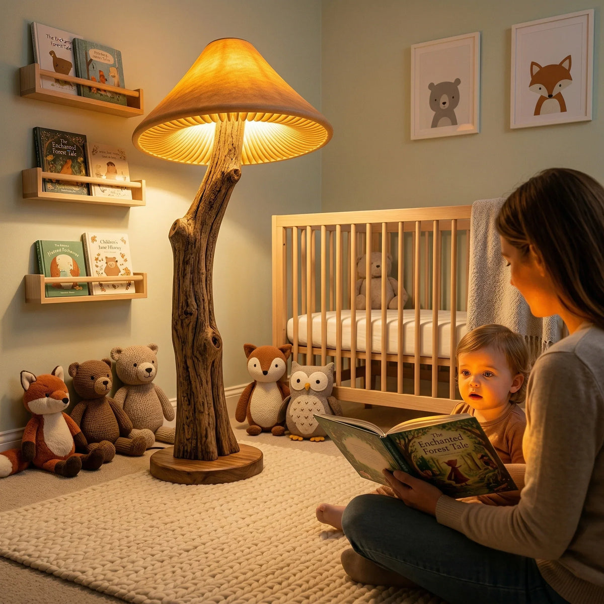 Mushroom floor lamp with sculpted log stem and walnut base in cozy nursery setting