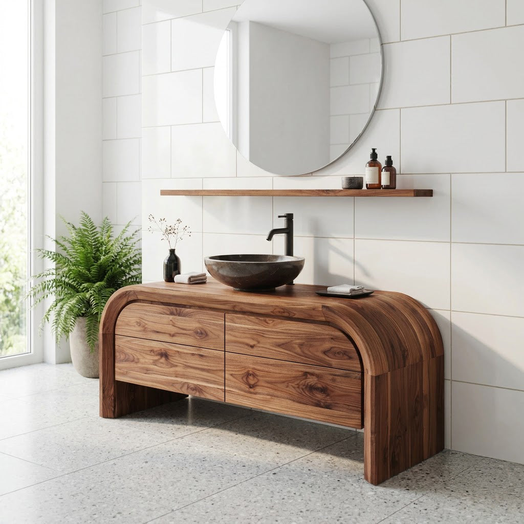 Curved arch solid wood bathroom vanity in a contemporary bathroom