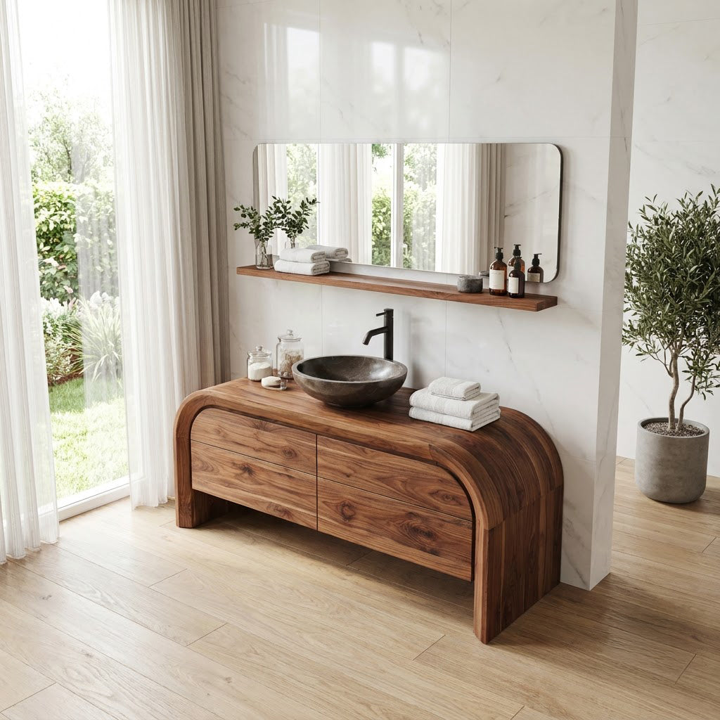 Freestanding solid wood four-drawer washstand styled in a modern bathroom interior