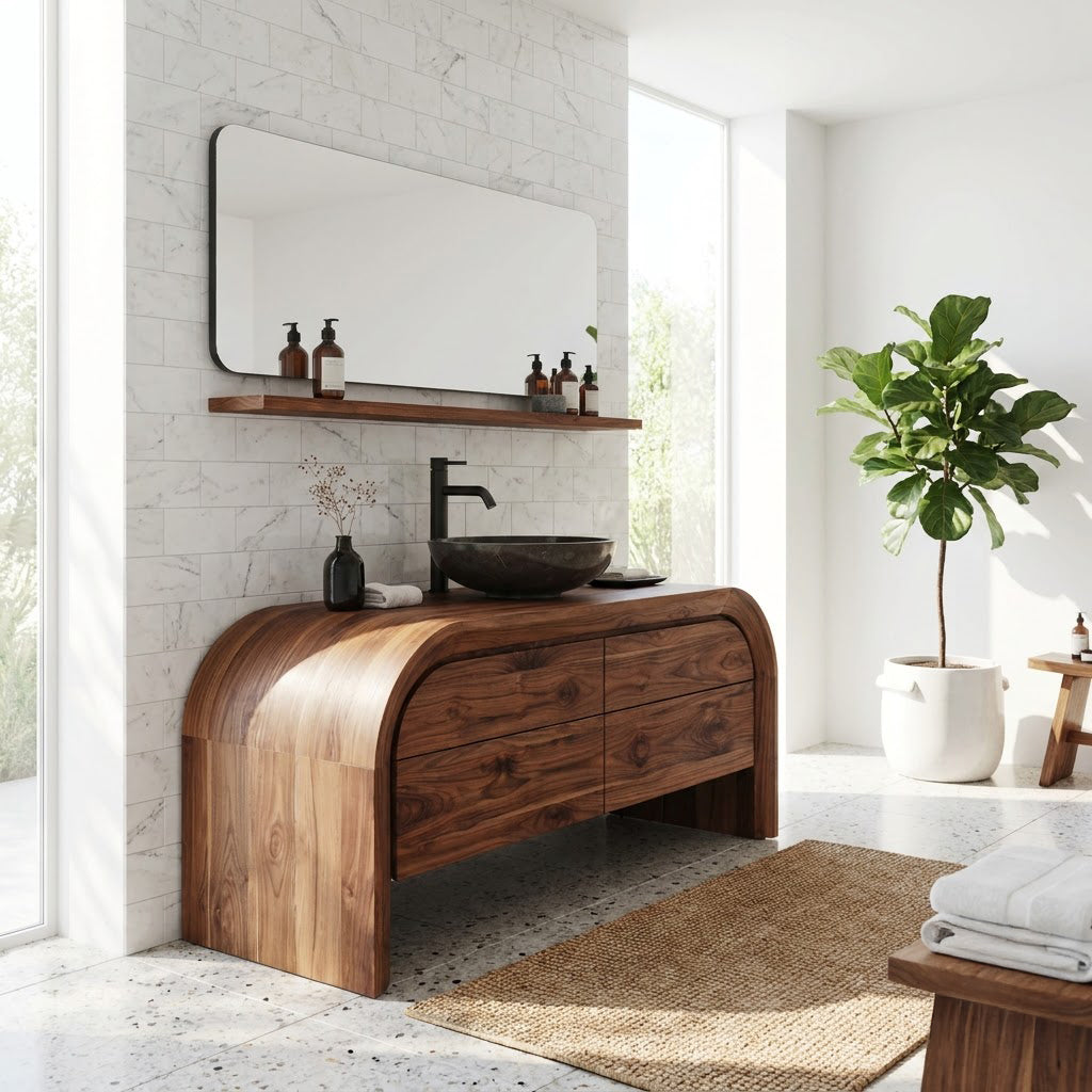 Freestanding solid wood four-drawer washstand styled in a modern bathroom interior