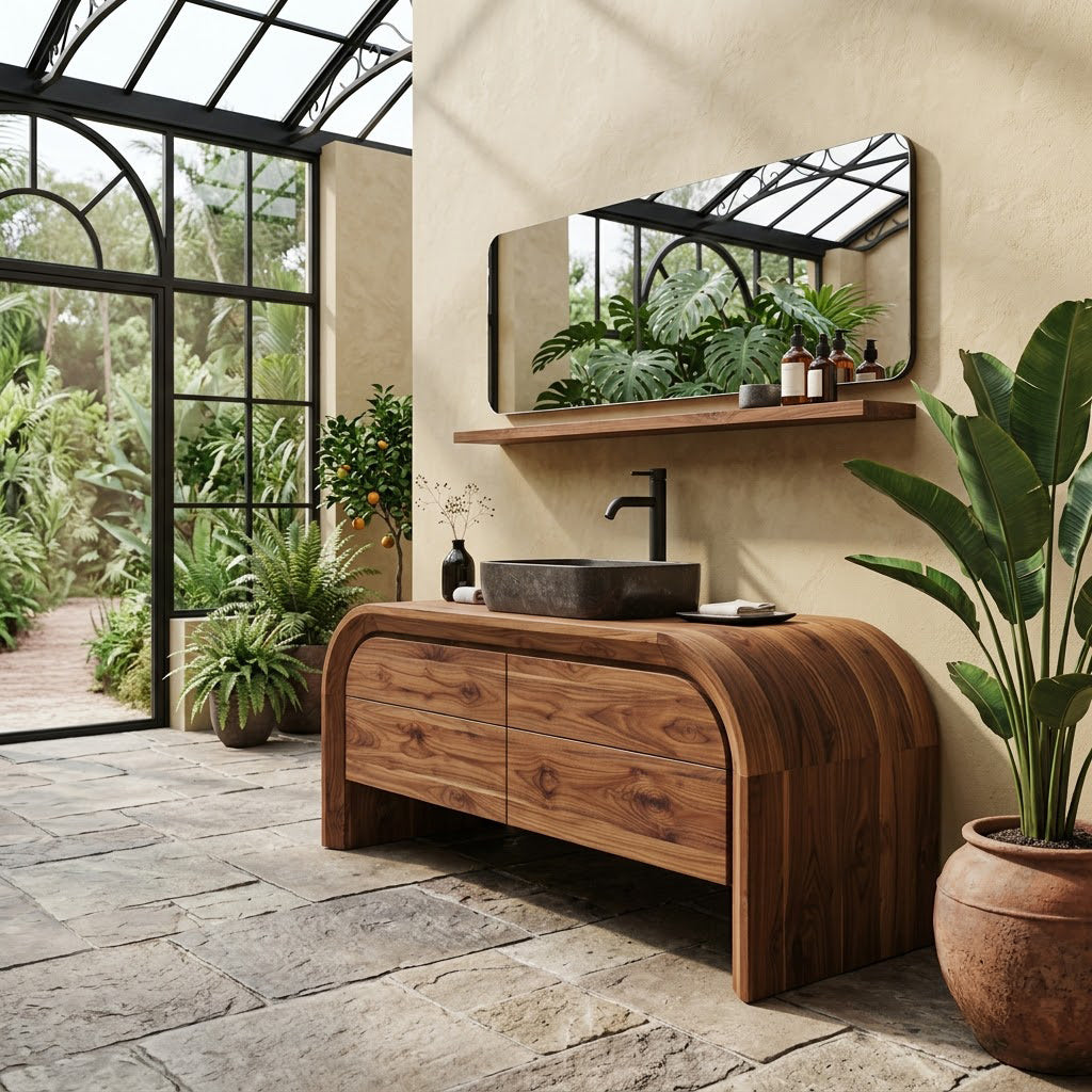 Sculptural solid wood vanity with four drawers showcased as a statement bathroom piece