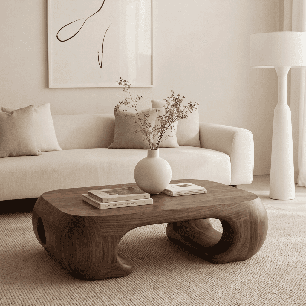 Curved biomorphic solid wood coffee table in a contemporary living room