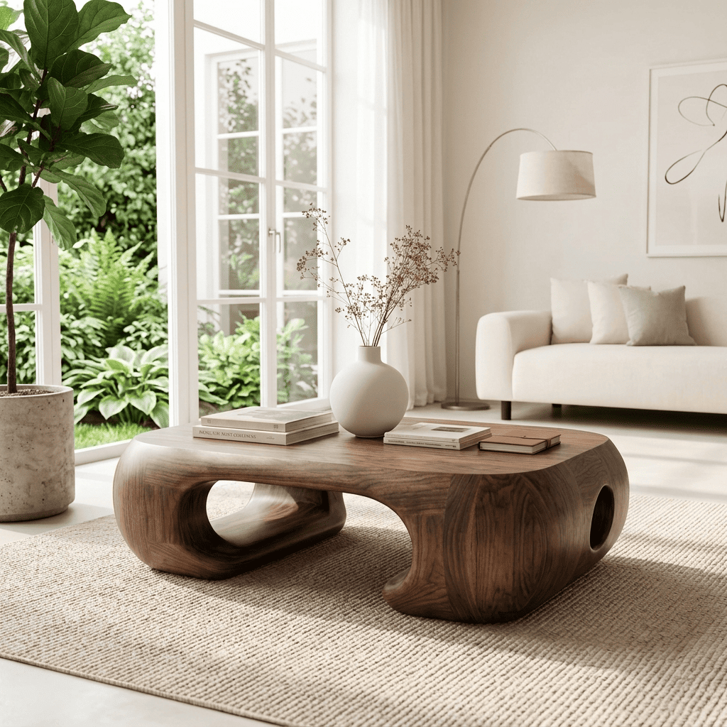 Sculptural solid wood curved coffee table displayed in a minimalist living space