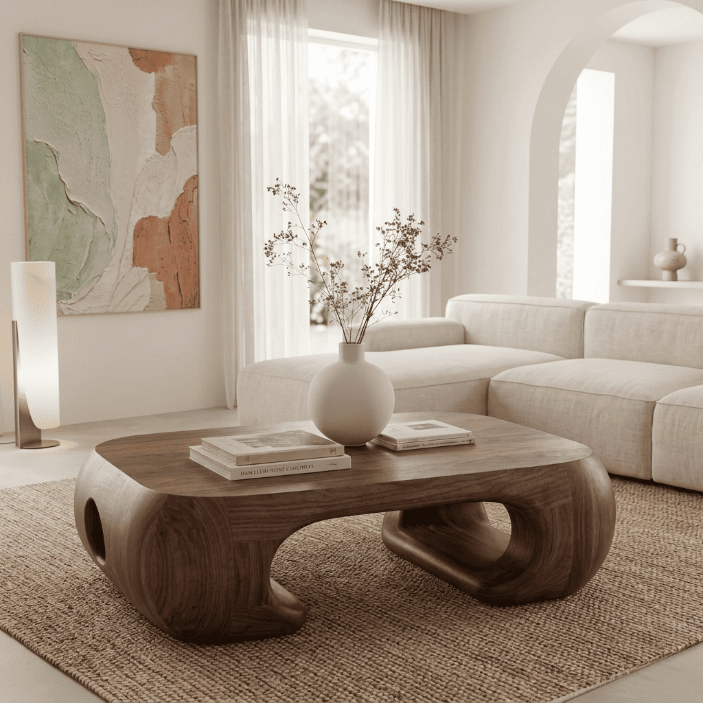 Biomorphic solid wood coffee table showcased as a statement living room piece