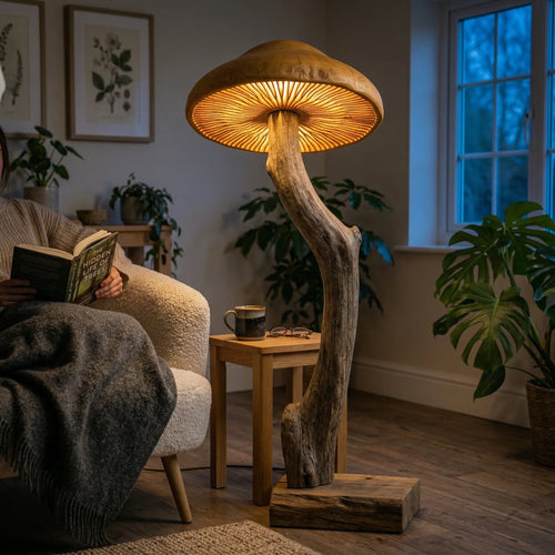 Curved Driftwood Mushroom Floor Lamp with Gill Glow Cap